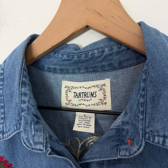 Tantrums Denim Shirt Jacket Women’s Embroidered Autumn Pumpkin Buttons Large - Picture 3 of 4